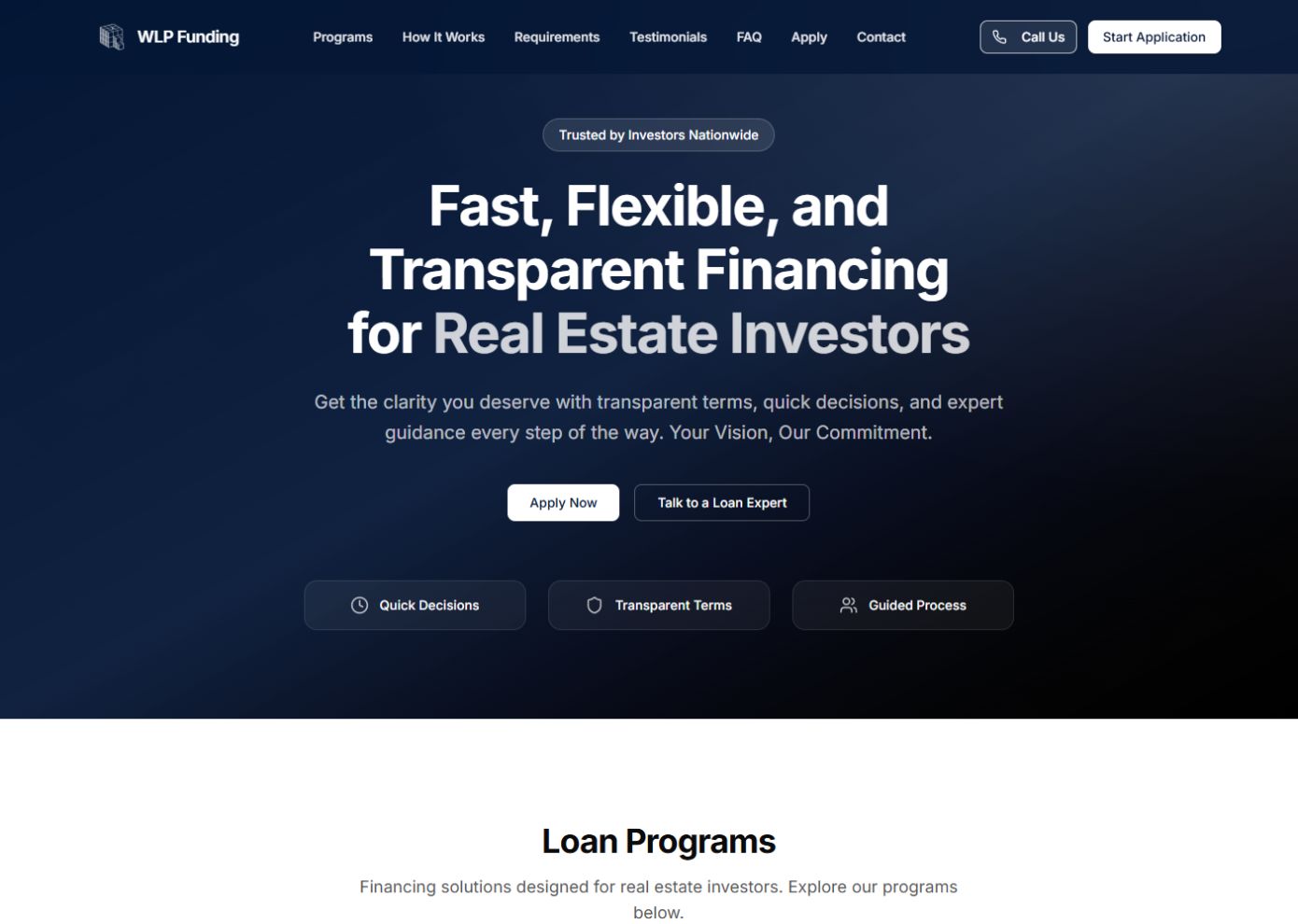 WLP Funding website with financing programs and a clear application path